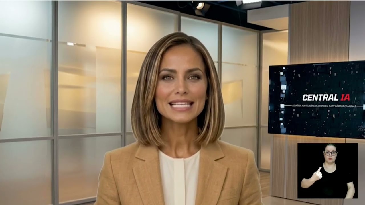 Apresentadora de inteligência artificial Íria durante o boletim Central I.A. sobre violência de gênero em Campinas, da TV Câmara Campinas