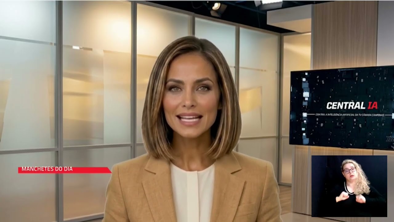 Apresentadora de inteligência artificial Íria apresenta boletim sobre preservação de mata nativa em Campinas, na TV Câmara Campinas.