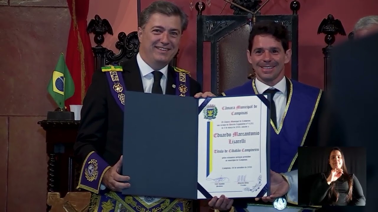 Advogado Eduardo Lizarelli recebe título de cidadão campineiro em reunião solene na loja maçônica Independência, pela TV Câmara Campinas.